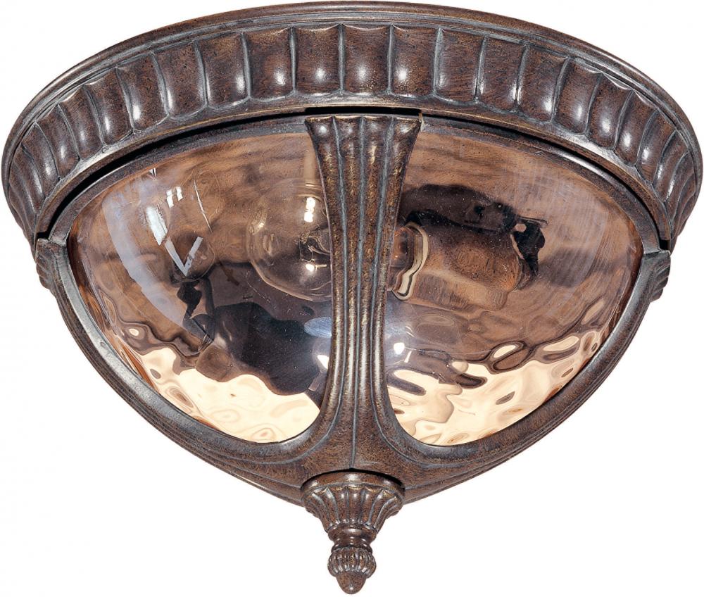 2-Light Flush Mount Outdoor Ceiling Light in Fruitwood Finish and Amber Water Glass