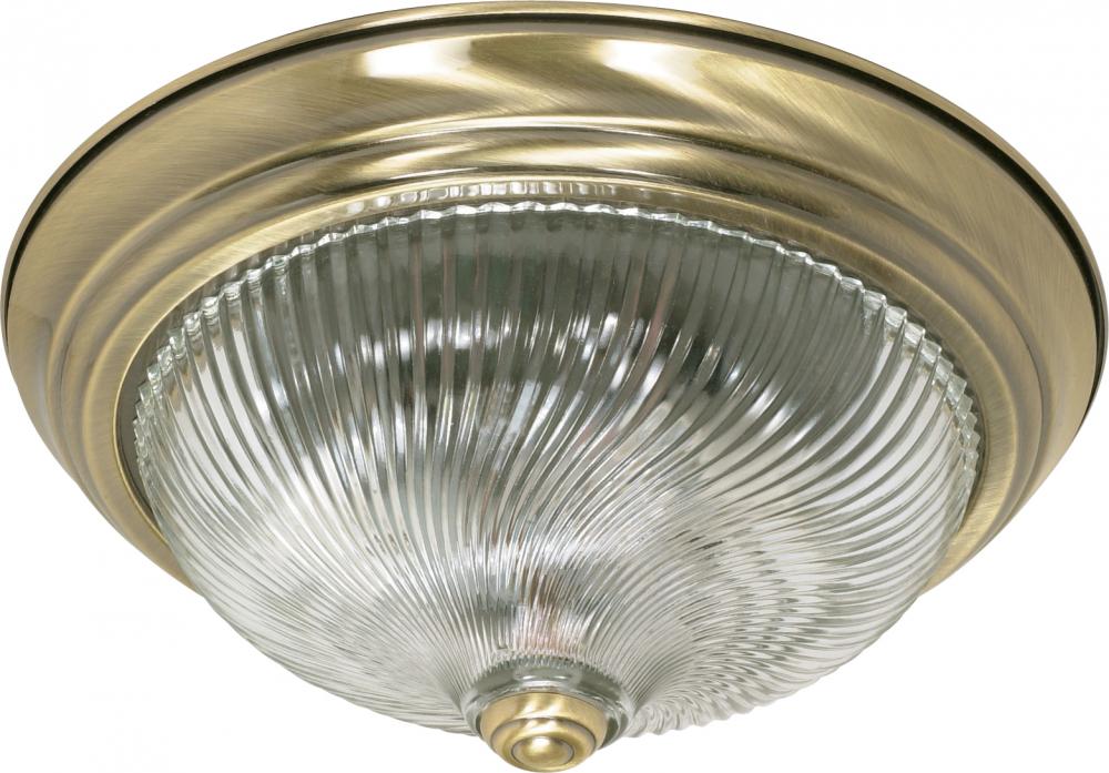 2-Light 13" Flush Light Fixture in Antique Brass Finish with Clear Swirl Glass