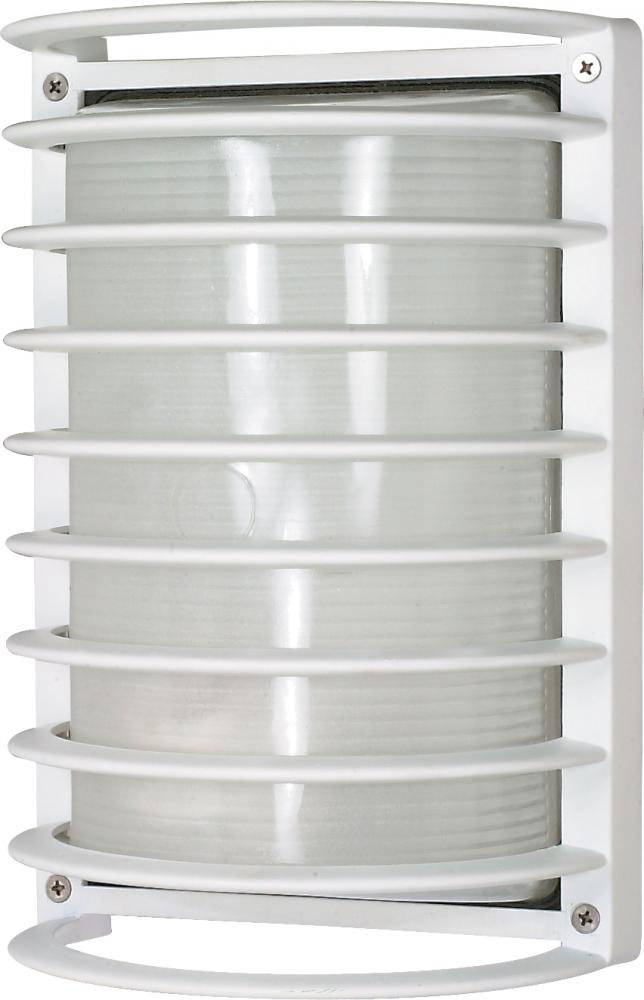 1-Light Die-Cast Rectangular Caged Bulkhead Light in Semi Gloss White Finish with Glass Lens and (1)