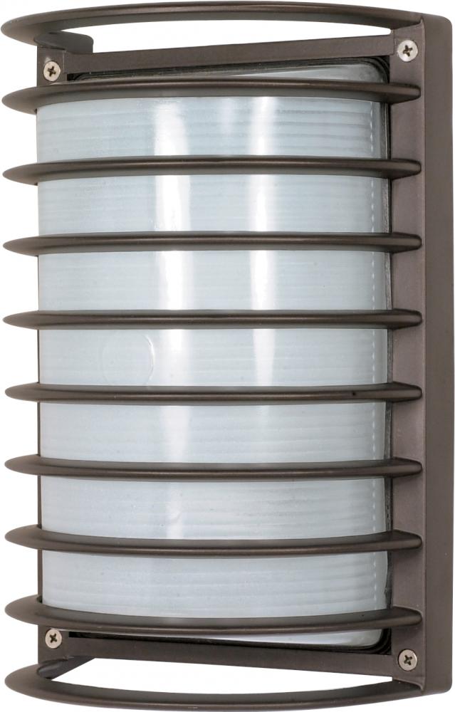 1-Light Die-Cast Rectangular Caged Bulkhead Light in Architectural Bronze Finish with Glass Lens and