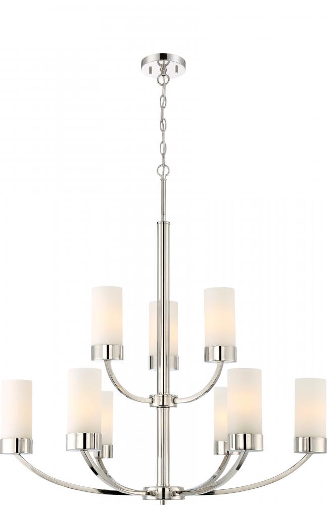 Denver - 9 Light Chandelier with Satin White Glass - Polished Nickel Finish